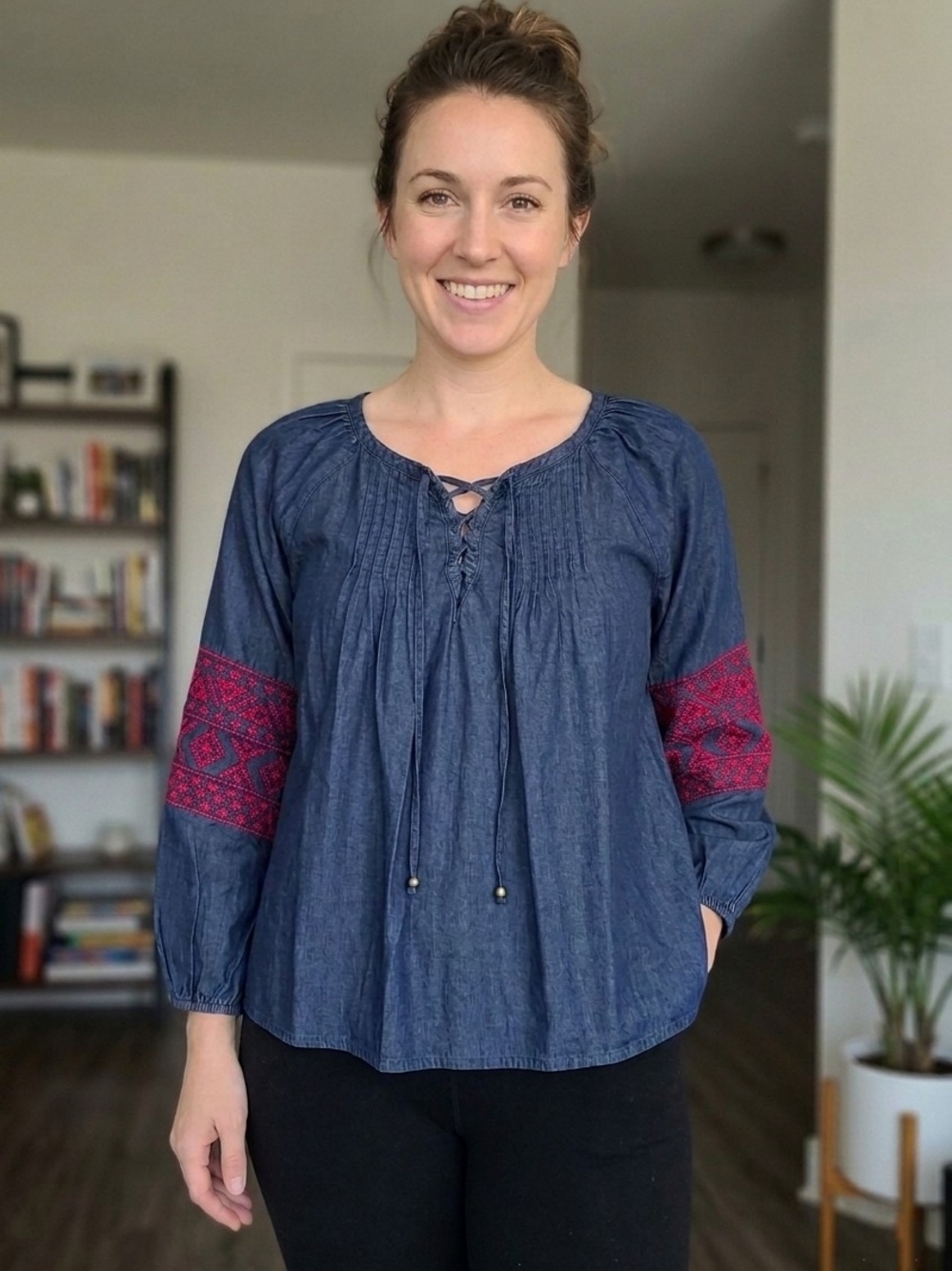 The Pioneer Woman - Blue Denim Peasant Top with Red Embroidered Sleeves